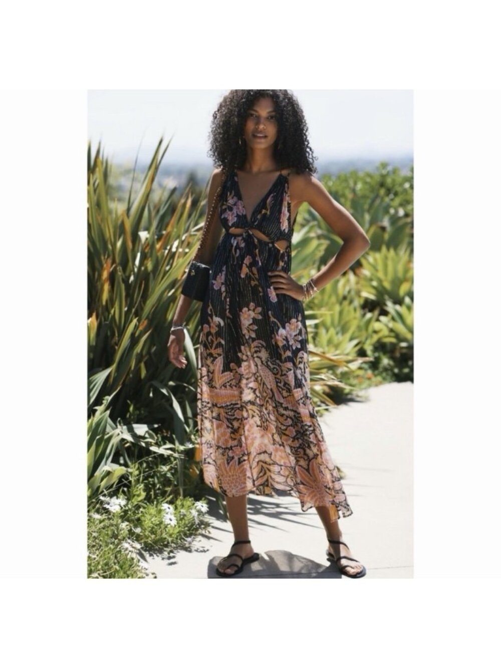 NWT By Anthropologie Sheer Maxi Cut Out Floral Dress Black Pink Orange Sz M